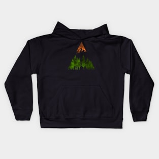 Dramatic mountain and forest scene in green and orange watercolors Kids Hoodie